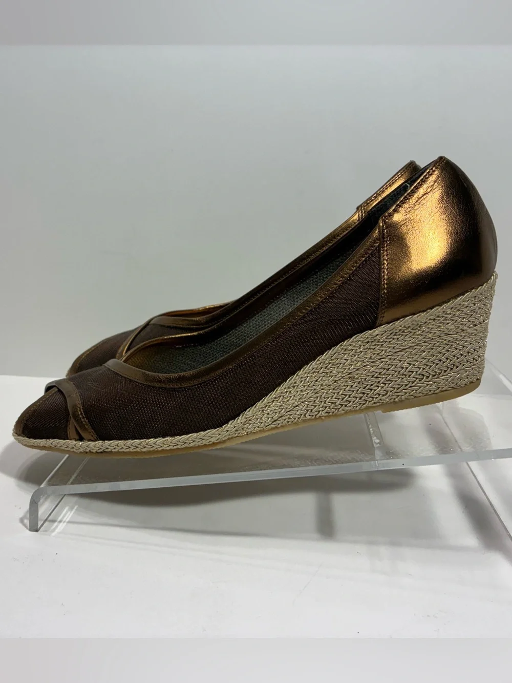Sesto Meucci ITALY MADE Bronze Brown Peep Toe Espadrille Wedges Size 8.5